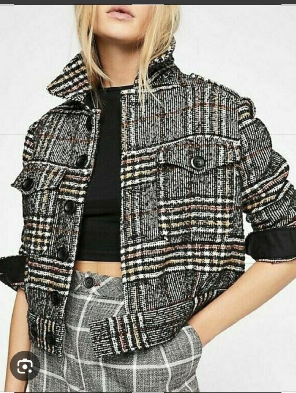 FREE PEOPLE  Plaid  Cropped Jacket in Black Grey  and White, Size M.
